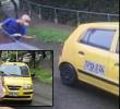 Adelante, el vehículo del taxista que fue captado haciendo los daños. Atrás, el momento de la agresión. FOTO: Cortesía Denuncias Antioquia