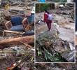 Adelante, una de las estudiantes intentando cruzar el afectado puente. Atrás, lodo y palos arrastró la quebrada en la creciente pero también basura, escombros y muebles que tiran los insensatos de la zona. FOTO: cortesía