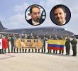 Avión que transportaba ayuda humanitaria a Colombia, antes de despegar de la Ciudad de México ayer. En los círculos, el vicepresidente José Manuel Restrepo y el canciller Omar Bula. FOTO AFP / Camilo Suárez / Cortesía.