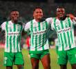 Atlético Nacional goleó al Nacional de Uruguay en su debut en la fase de grupos de la Libertadores. En la imagen aparecen los tres anotadores de la noche: Marino Hinestroza, Alfredo Morelos y Kevin Viveros FOTO MANUEL SALDARRIAGA