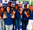Cinco de los seis deportistas beneficiados del programa 10de10. De izquierda a derecha, Mateo Carmona, Carolina Velásquez, Mauricio Ortega, Stefany Cuadrado, Deiner Guaitoto, Magdalena Restrepo (Directora Fundación Medellín) y Mariana Pajón. FOTO Manuel Saldarriaga.