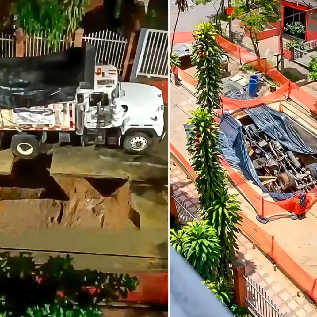 La volqueta, que era utilizada para una obra de EPM en el barrio Los Ángeles, centro de Medellín, terminó en un hueco desde finales de la semana pasada. Se están pensando en estrategias para extraerla. FOTOS: CORTESÍA