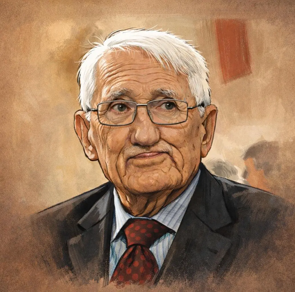 El filósofo alemán <b>Jürgen Habermas</b>, uno de los pensadores más influyentes del siglo XX y XXI, desarrolló teorías clave sobre la acción comunicativa, la democracia deliberativa y el papel del debate público en las sociedades modernas. Ilustración basada en fotografía de archivo.