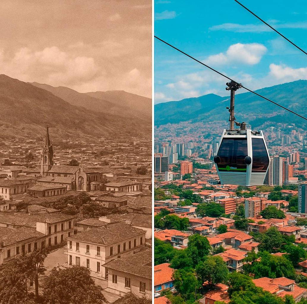 El libro registró la vida comercial y cultural de Medellín en 1925. Un contraste con el actual. FOTO Esneyder Gutiérrez e imagen generada con IA