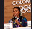 La atleta Natalia Linares en la rueda de prensa tras regresar al país con su medalla de bronce mundial. FOTO CORTESÍA COMITÉ OLÍMPICO COLOMBIANO