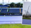 La pista de atletimo Alfonso Galvis fue entregada oficialmente el 19 de junio, tras una inversión de 21.000 millones de pesos. Desde la semana pasada empezó el montaje de uno de los escenarios para el festival EDC, permitiendo el paso de grúas y camiones por sobre el tapete de los corredores. FOTOS: CORTESÍA ALCALDÍA DE MEDELLÍN Y CIUDAD SUR