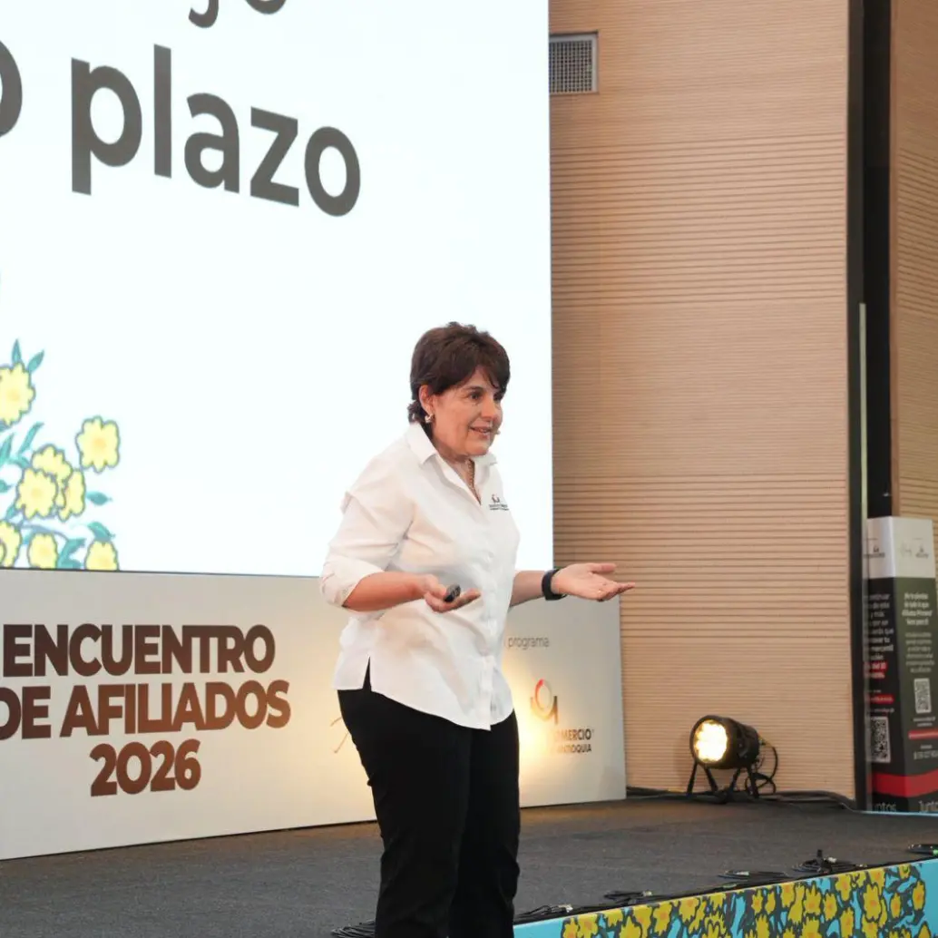 Lina Vélez, presidenta de la Cámara de Comercio de Medellín para Antioquia, en el Encuentro de Afiliados 2026 . Fotos: Cortesía