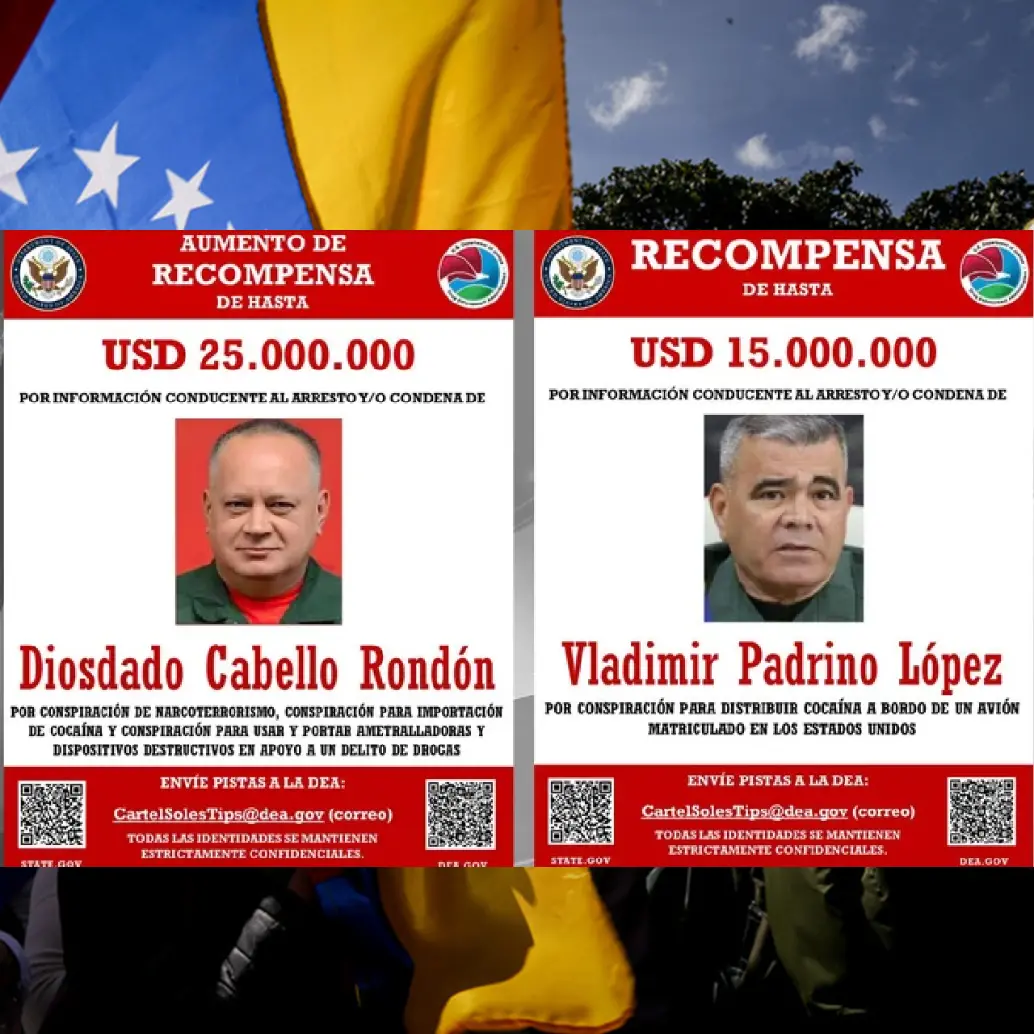 Recompensa de Estados Unidos por Nicolás Maduro, Diosdado Cabello y Vladimir Padrino López. Fotos: Embajada de EE. UU.