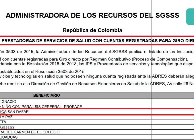 Reporte de la Adres sobre el giro directo al Hospital Universitario Clínica San Rafael.