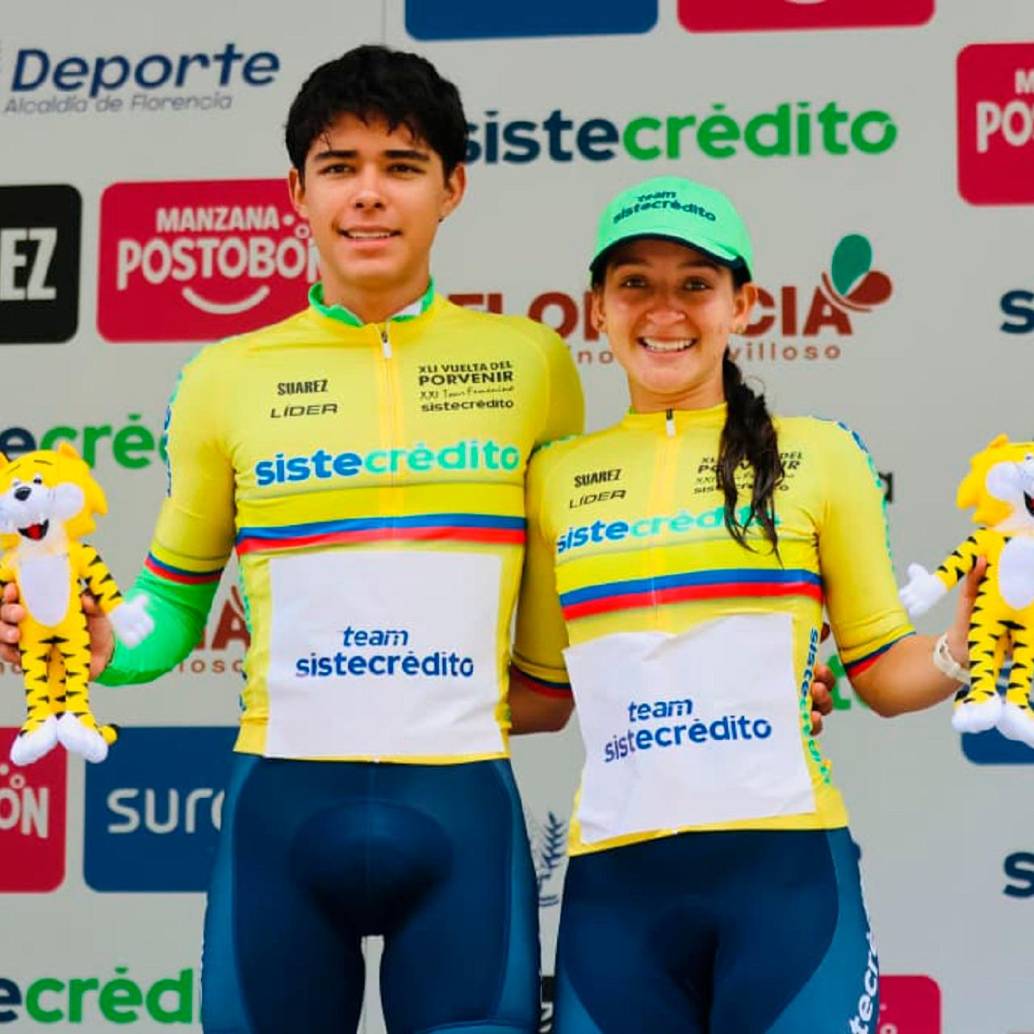 Jerónimo Calderon y Stefanía Herrera, corredores del Team Sistecrédito. FOTO CORTESÍA FEDECICLISMO