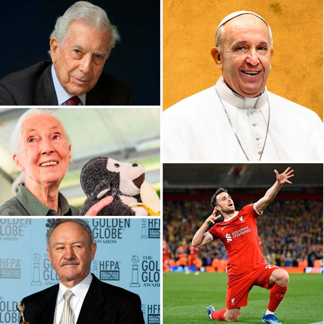 Mario Vargas Llosa, el Papa Francisco, Diane Keaton, Jane Goodall, Diogo Jota, Robert Redford, Gene Hackman y George Foreman, son algunas de las celebridades que fallecieron este 2025. FOTOS Getty, EL COLOMBIANO y Colprensa.