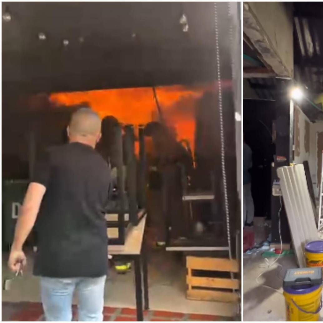 Imágenes del incendio en el local de comida ubicado en Envigado y luego mientras intentan reconstruirlo. FOTO: Captura video redes sociales