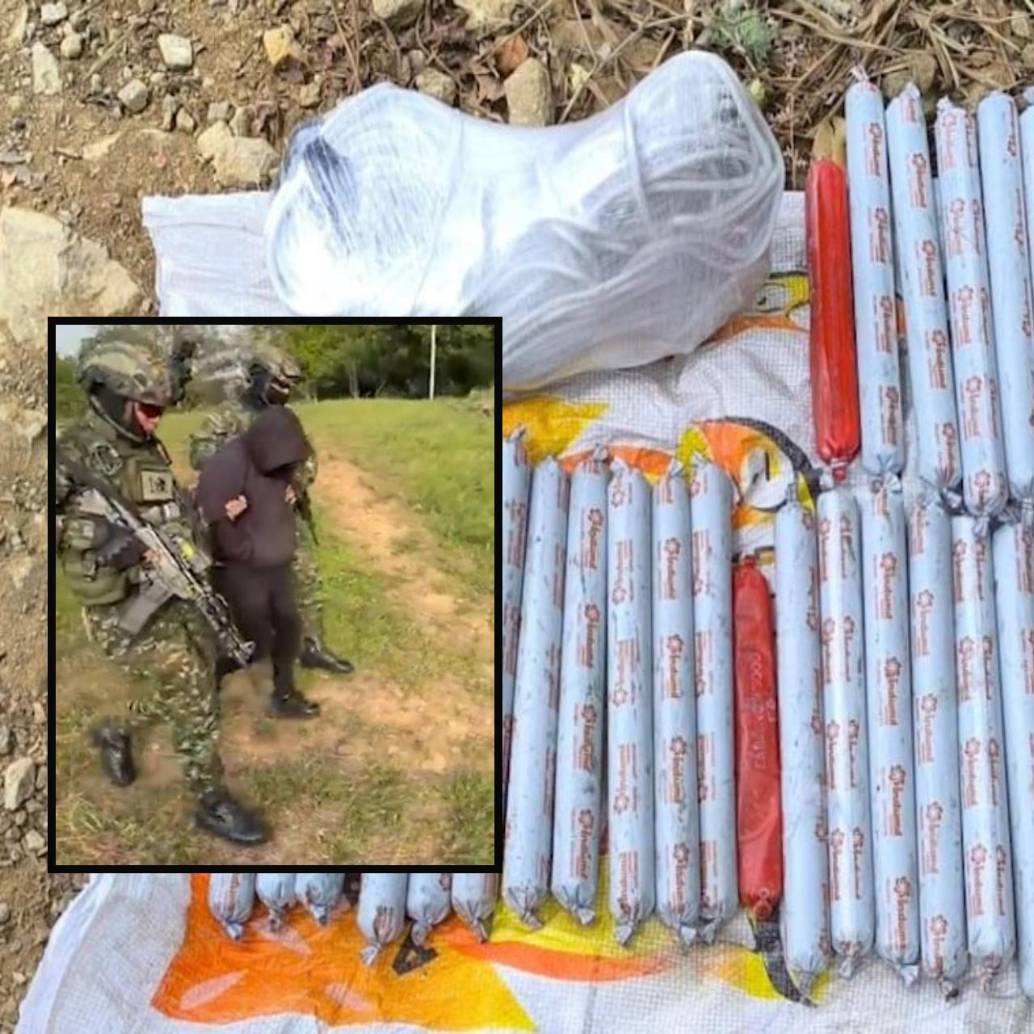 Adelante, el detenido tras el operativo. Atrás, el material explosivo incautado. FOTO: imagen tomada de redes.