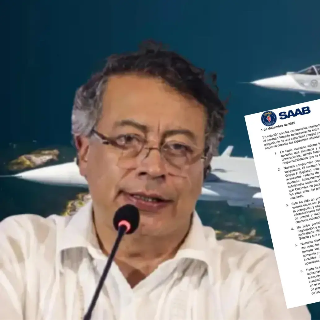 Comunicado de Saab del 1 de diciembre de 2025, en el que la empresa sostiene que la compra de los Gripen fue transparente y ajustada a estándares internacionales, pese a los cuestionamientos por precio y capacidad técnica. FOTO: COLPRENSA Y REDES.