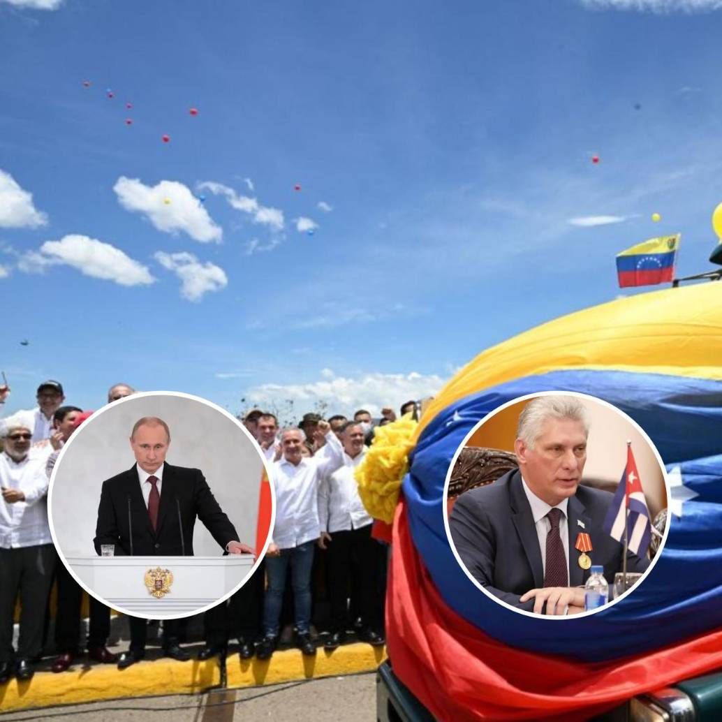 Vladimir Putin, Miguel Díaz-Canel y el presidente iraní, Masoud Pezeshkian. Fotos: AFP, Colprensa, Europa Press