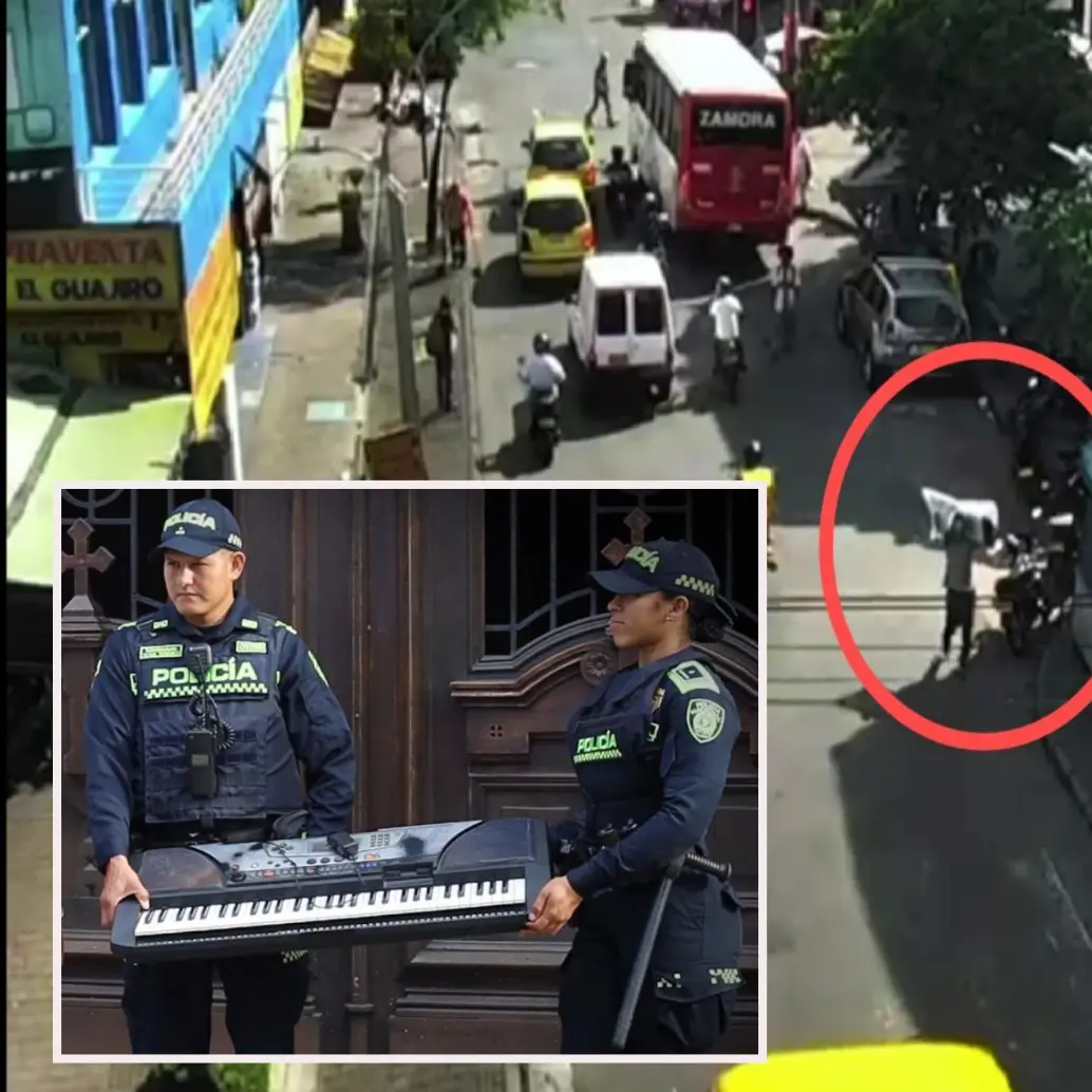 Adelante, el instrumento musical recuperado por las autoridades. Atrás, el seguimiento por cámaras al ladrón. FOTO: Cortesía.