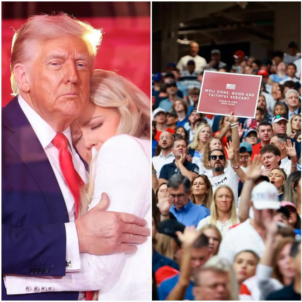 Uno de los momentos que dejó el evento de despedida del activista fue el abrazo entre la viuda de Charlie Kirk, Erika Kirk, y el presidente Donald Trump. FOTOS: Tomadas de Instagram @turningpointusa 