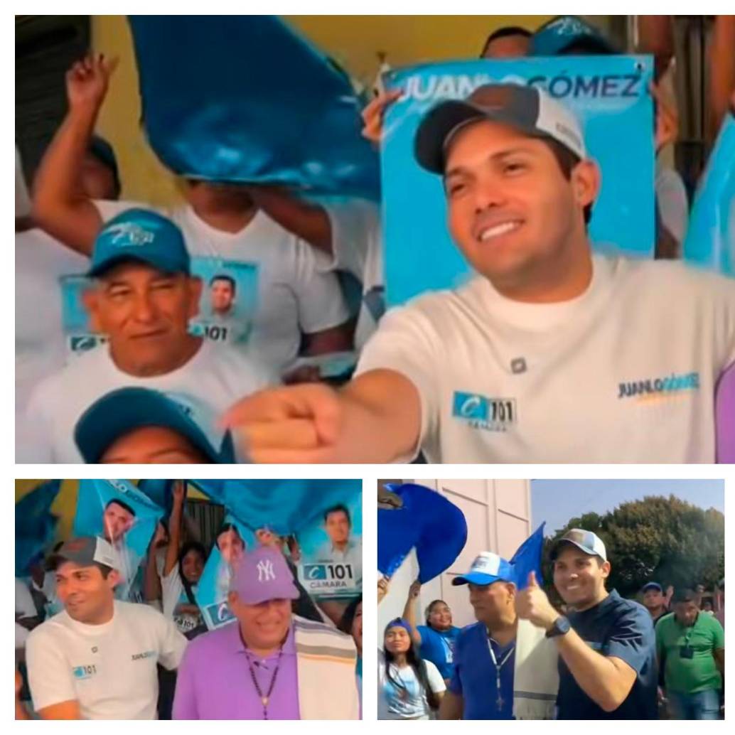 El apoyo de “Santa” (vestido con prendas moradas) a la campaña de Gómez (camiseta blanca), sumado a los cuestionamientos que rodean a su dupla Wadith Manzur (abajo, con camisa verde) y a viejos escándalos regionales, vuelve a poner bajo la lupa las alianzas y financiamiento en la contienda electoral. FOTO: REDES SOCIALES