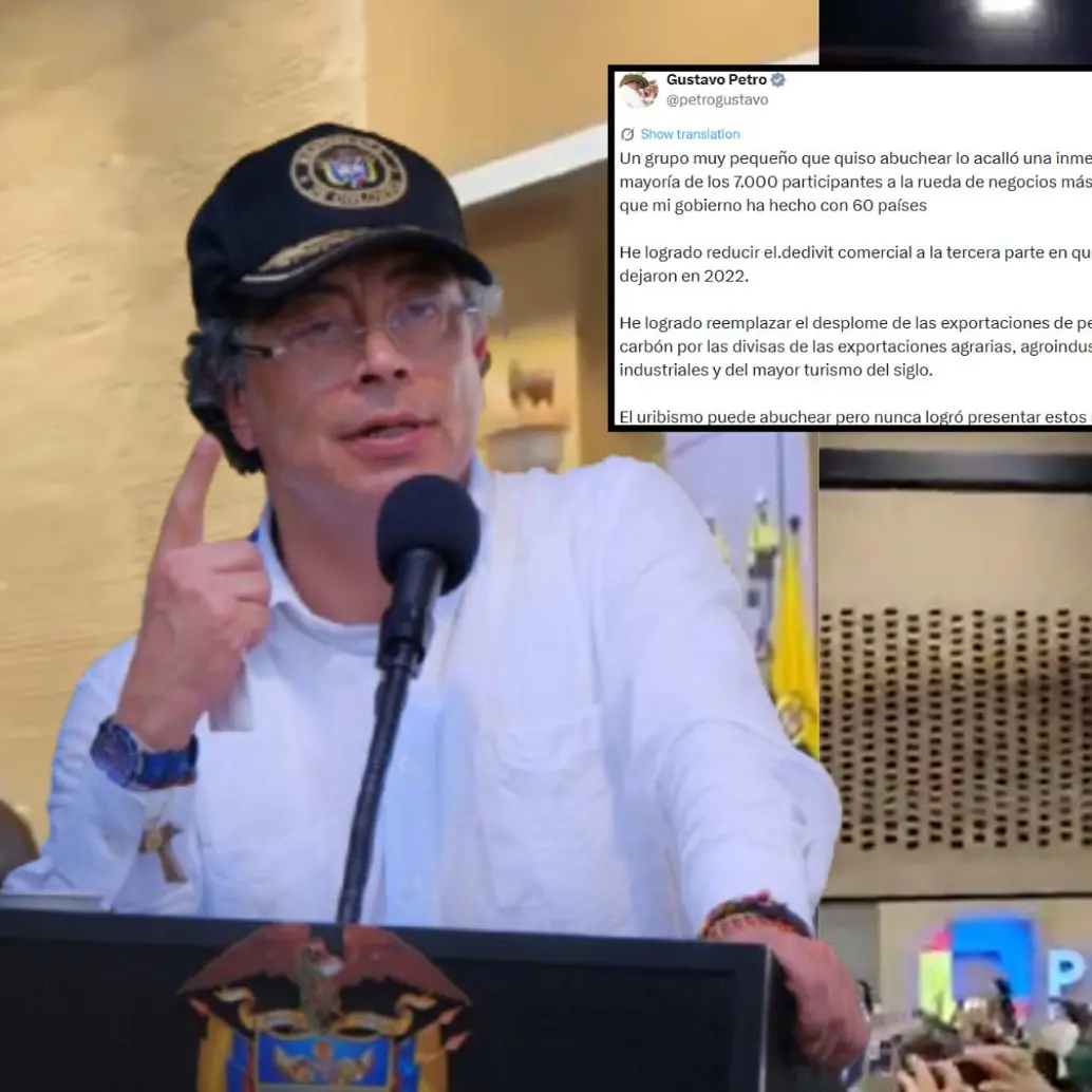 Gustavo Petro fue chiflado en una macrorrueda empresarial realizada en Corferias, Bogotá. FOTOS: Capturas de pantalla/Redes sociales. 