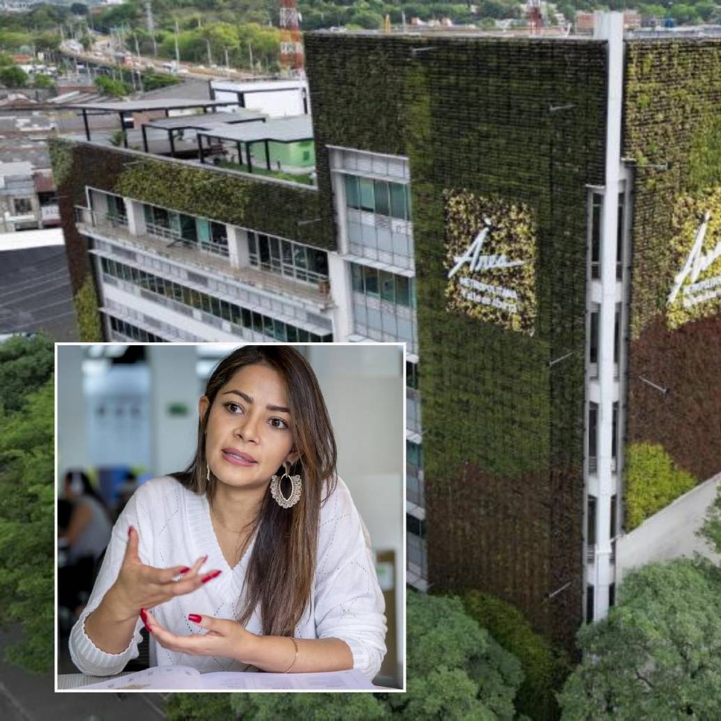Adelante, la directora del Área Metropolitana del Aburrá, Paula Palacio Salazar. Atrás, fachada del edificio.Foto: Juan Antonio Sánchez Ocampo y cortesía.