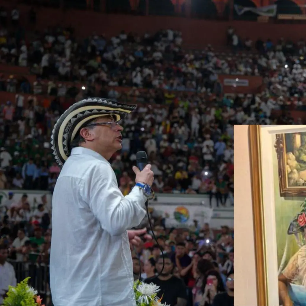 El presidente Gustavo Petro, en la plaza de toros de Cartagena, se refirió al cuadro de Abelardo de la Espriella. Foto: Presidencia y redes sociales.