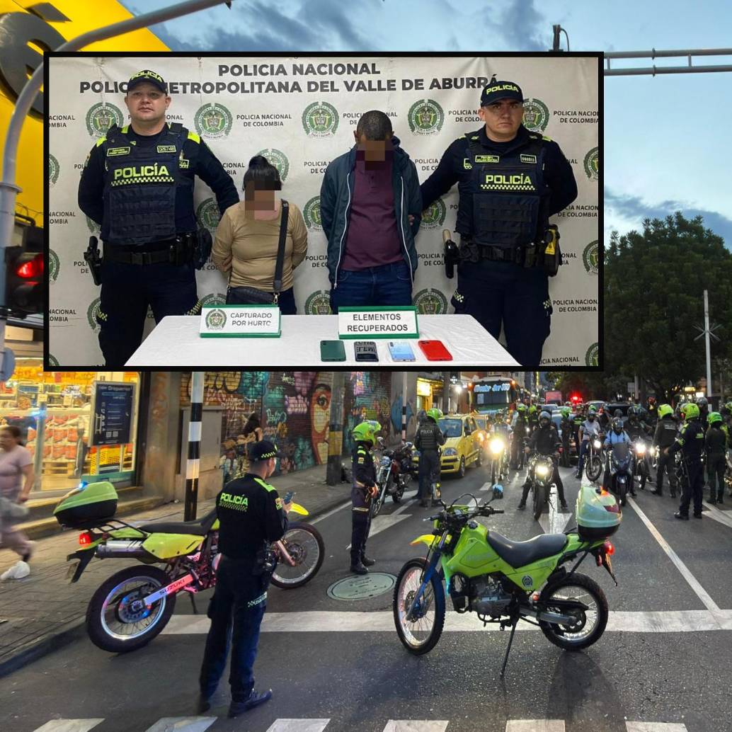 Adelante, los dos capturados por la Policía. Atrás, megaoperativo sobre la calle San Juan. FOTO: Cortesía Alcaldía de Medellín