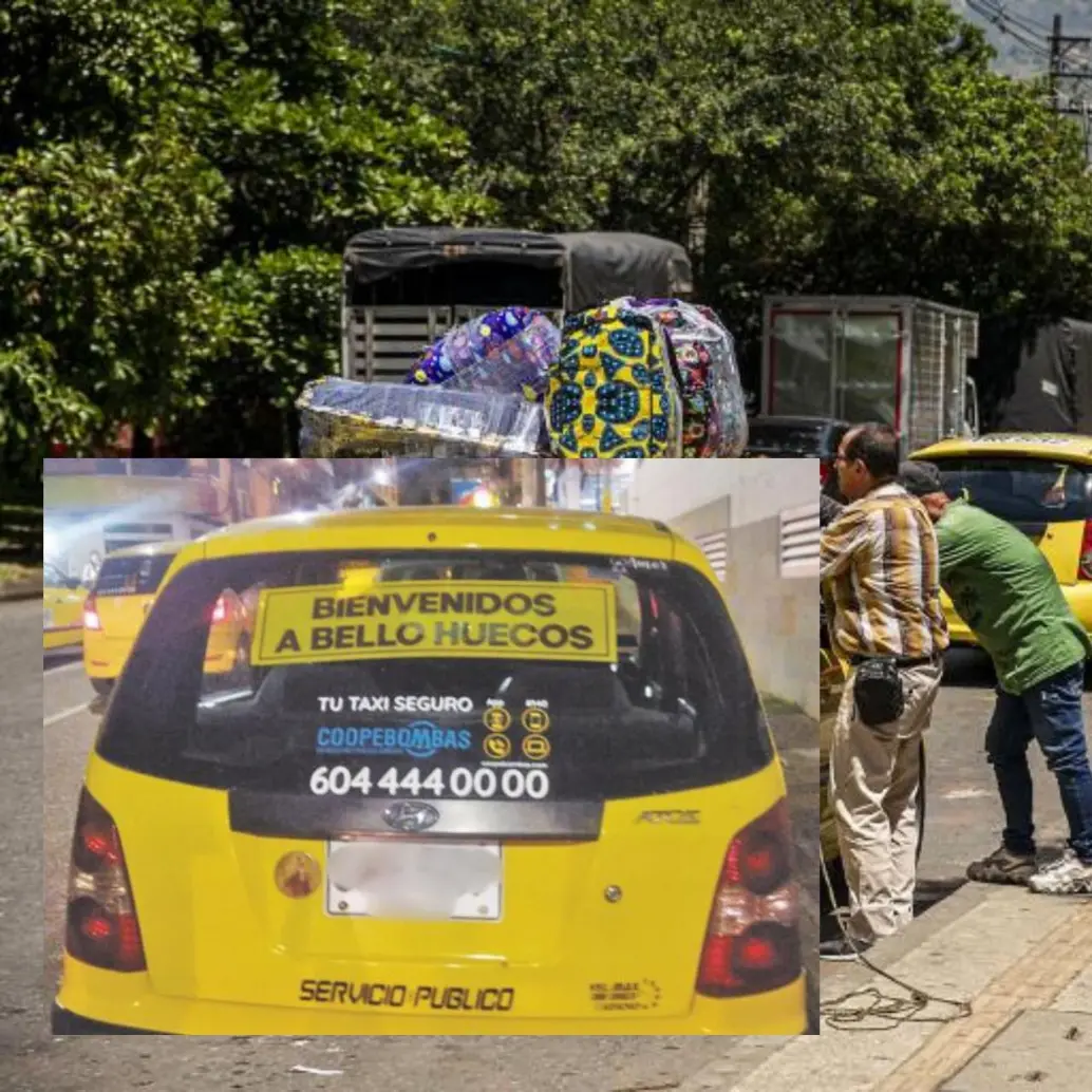 Adelante, uno de los taxis con su respectivo mensaje. Atrás, un acopio de taxis en Bello. Foto: EL COLOMBIANO