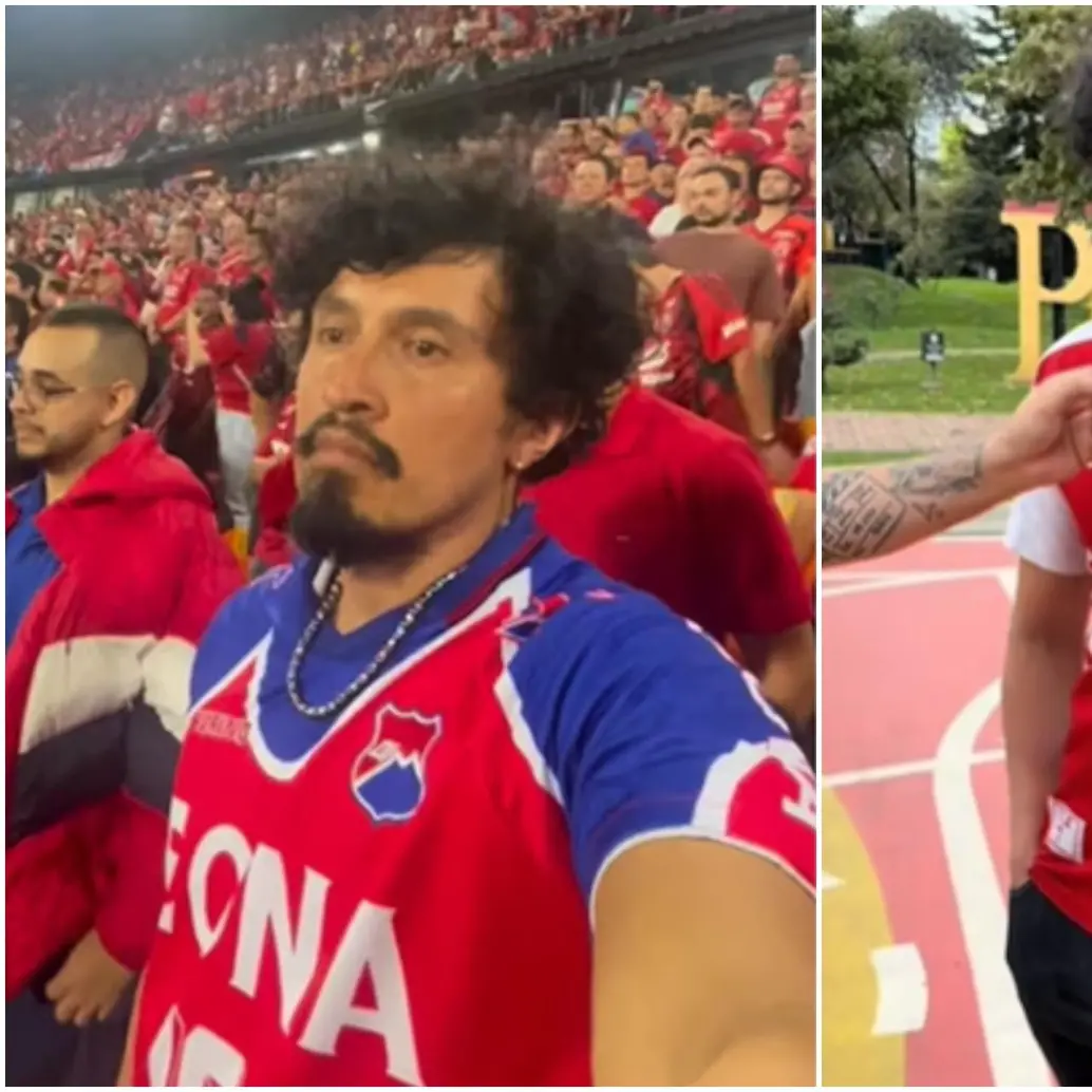 El hincha de Santa Fe infiltrado en el Atanasio para ver la final del fútbol colombiano. FOTO: CAPTURA VIDEO REDES SOCIALES @Sudamerican.gol y @deibby.saenz