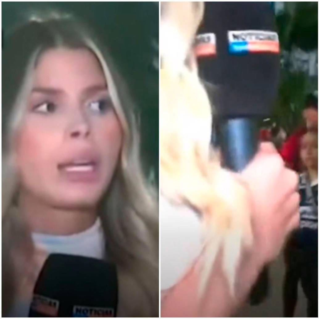La periodista María Camila Vergara en medio de la agresión de un hincha a las afueras del estadio Atanasio Girardot. FOTO: Capturas de video <i>Telemedellín</i>