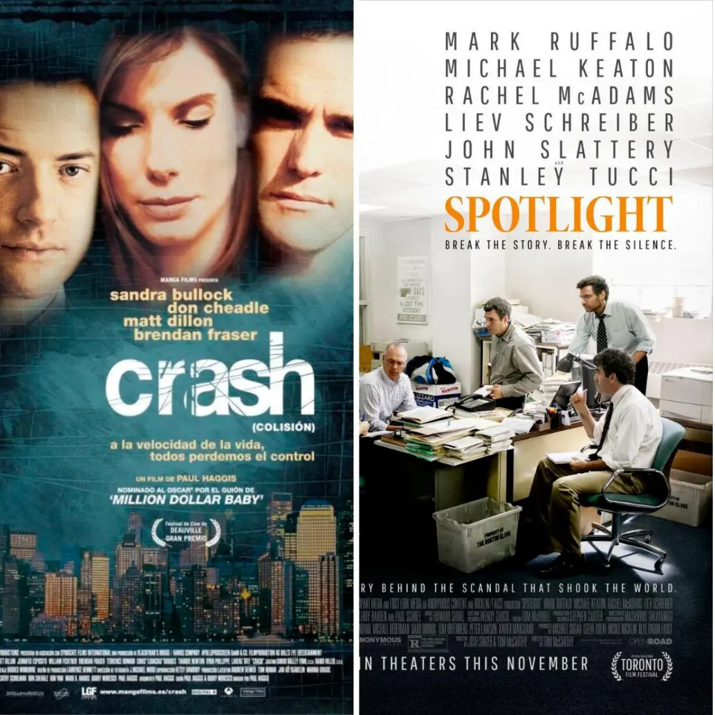 <i>Crash</i>,<i> Spotlight </i>y <i>Anora</i> son algunos de los títulos que han recibido el Oscar en la modalidad de Mejor Película. Fotos: Cortesía.