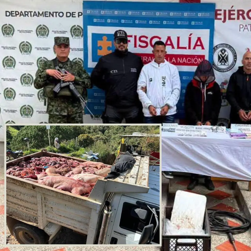 Adelante, parte de la carne en mal estado encontrada por las autoridades. Atras, los detenidos en los operativos. FOTO: imagen tomada de redes.