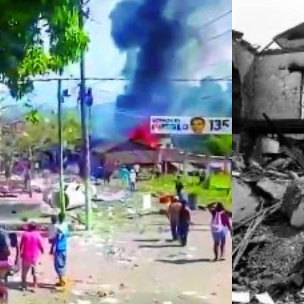 A la izquierda, Buenos Aires, Cauca, tras el ataque reciente que dejó explosiones y una humareda sobre el parque principal; a la derecha, Ituango, Antioquia, después de una toma guerrillera de 1995 por parte de las FARC. El parecido es tenebroso. FOTO Captura de video y Donaldo Zuluaga