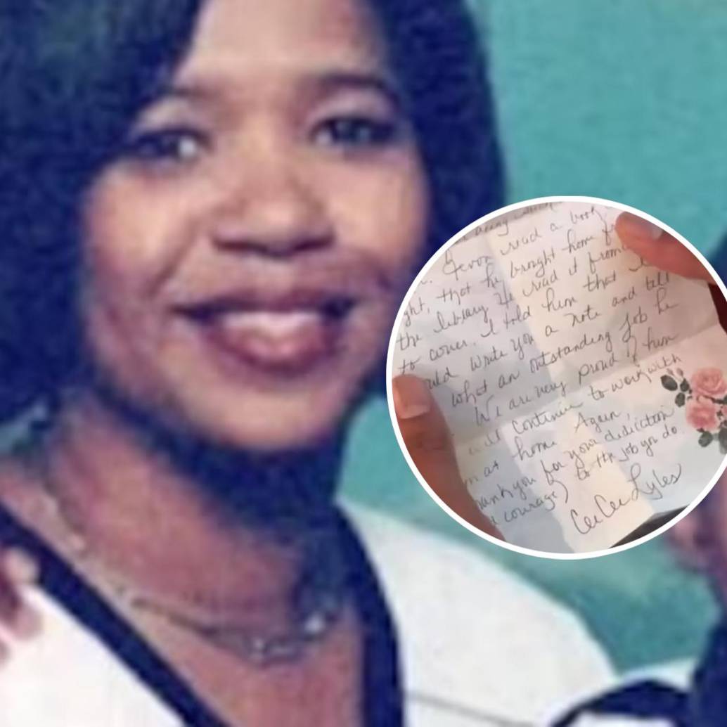 La auxiliar de vuelo Cee Cee Lyles junto a su hijo Jevon Castrillo y la carta que este joven recibió 24 años después por parte de su maestra de la escuela. FOTO: Redes sociales video WPTV