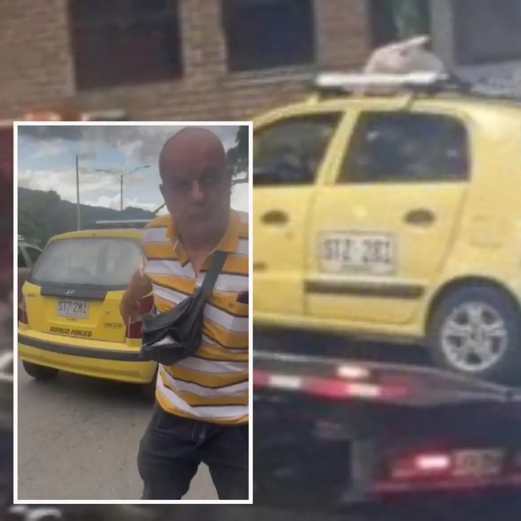 Adelante, imágenes del taxista amenazando a otra conductora. Atrás, el automotor inmovilizado en Envigado.