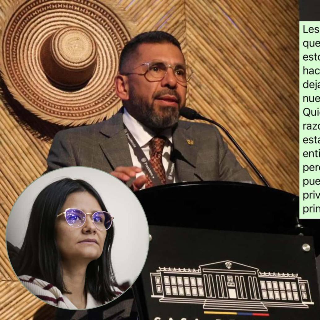 Jefe financiero saliente de Presidencia, Sergio Beltrán y parte del chat donde se despidió tras su renuncia. Abajo, Angie Rodríguez directora del DAPRE. Foto: Presidencia y cortesía.