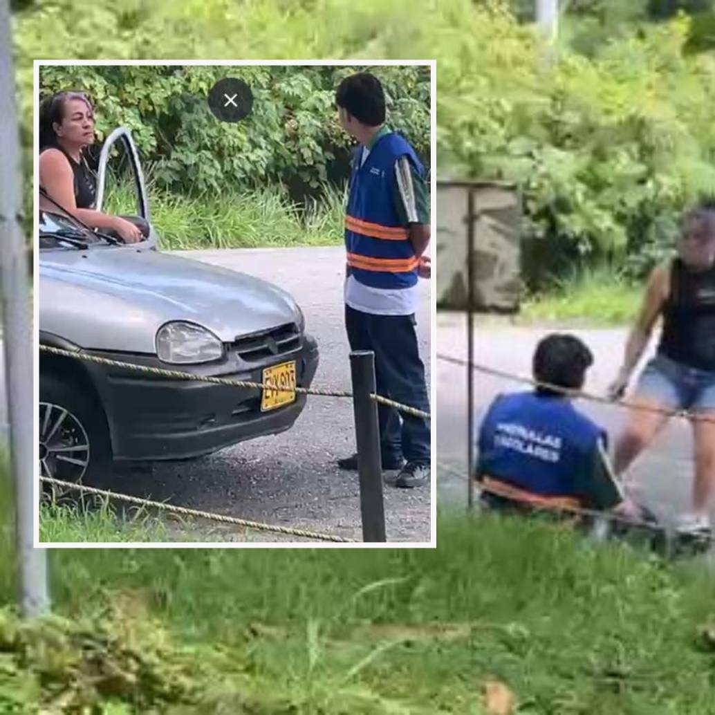 Adelante, el joven haciendo cumplir la norma vial. Atrás, la conductora pateando al estudiante. FOTO: Cortesía Denuncias Antioquia