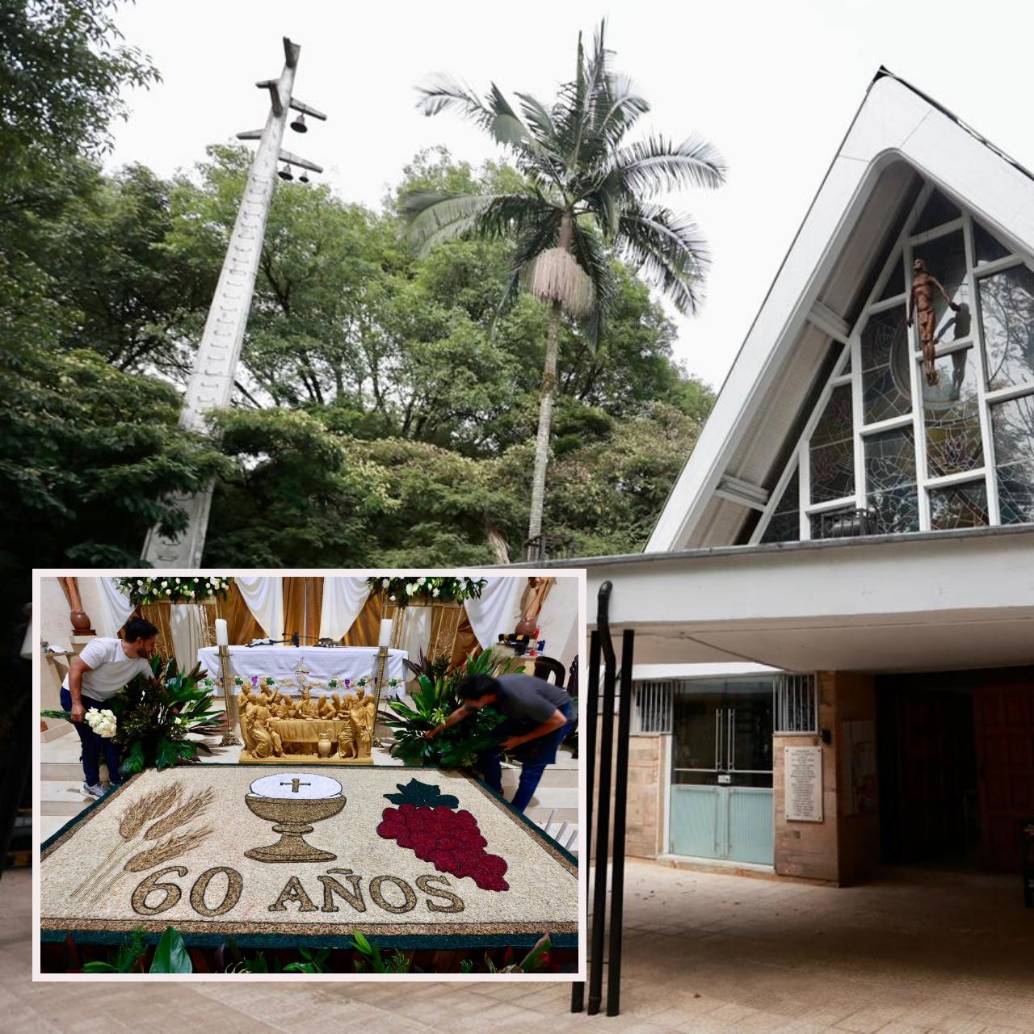 Adelante, arreglos florales para la celebración de las seis décadas de fundación. Atrás, la iglesia de la Divina Eucaristía de Provenza. FOTO: Manuel Saldarriaga.