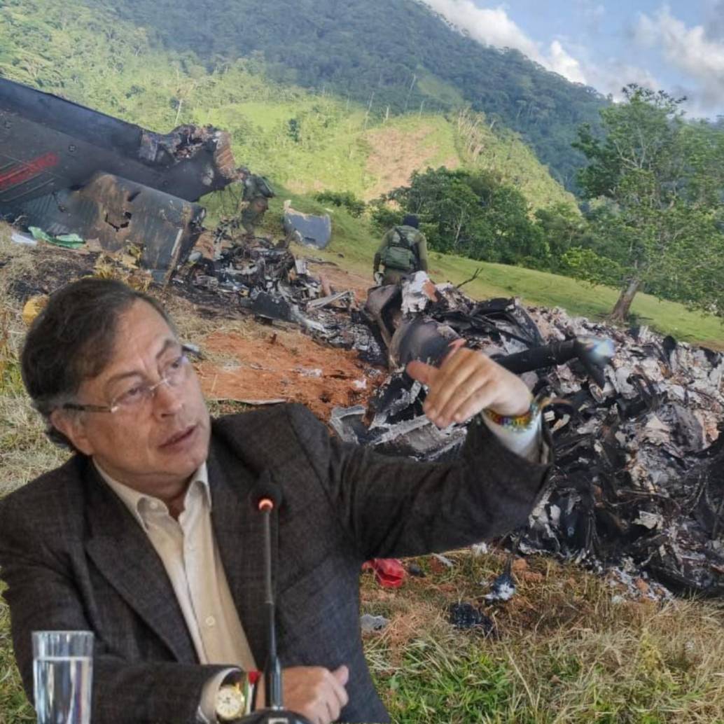 El presidente Gustavo Petro habló sobre nuevas hipótesis de cómo fue derribado el helicóptero en Amalfi, Antioquia. Foto: composición El Colombiano - cortesía Gobernación de Antioquia