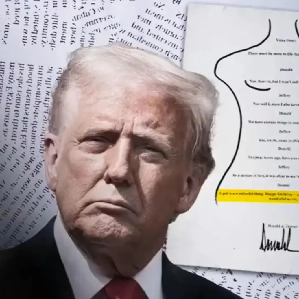Trump negó haberle entregado una carta que aparece en un libro con felicitaciones por su cumpleaños 50 con el boceto del cuerpo de una mujer desnuda. FOTO: Captura de video y Getty