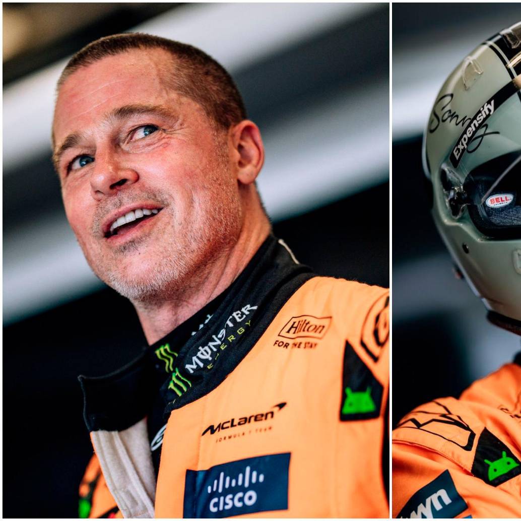 Brad Pitt vestido con el traje “papaya” de McLaren antes de subirse al monoplaza de Lando Norris. FOTOS: Tomadas de Instagram @f1