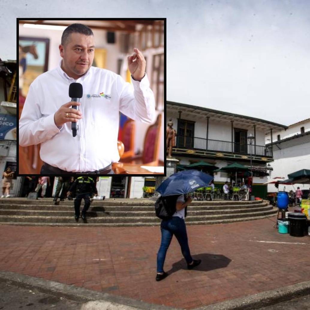 Adelante, el alcalde Gildardo Hurtado Alzate, atrás fachada del parque de Marinilla. Foto: Julio César Herrera Echeverri e imagen tomada de redes.