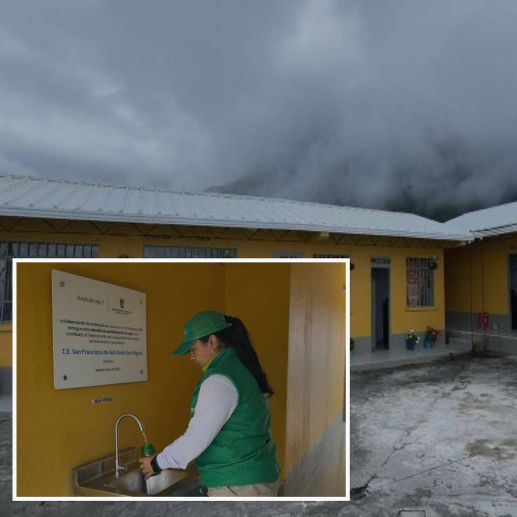 Adelante, uno de los dispositivos instalados. Atrás, uno de los colegios beneficiados en Liborina. FOTO: Cortesía