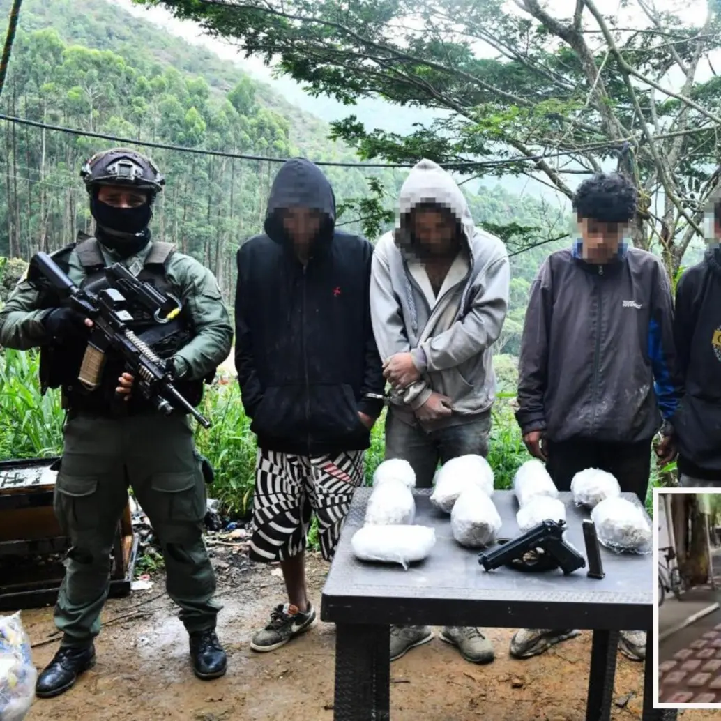 Adelante, la incautación de droga hecha en el Suroeste, atrás, los detenidos en el laboratorio hallado en Barbosa. FOTO: Cortesía