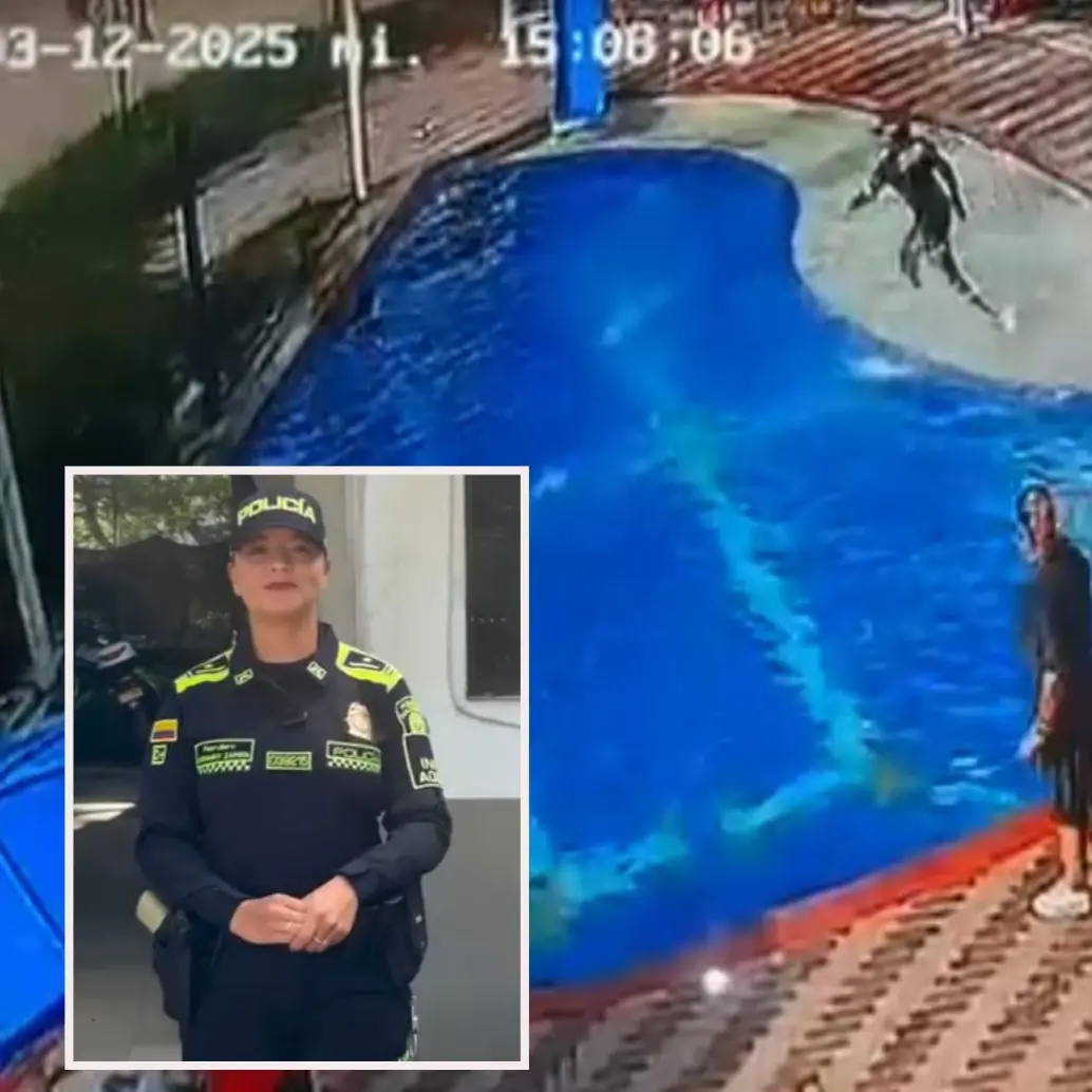 Adelante, la patrullera Stefanny Zapata de la Policía de infancia y Adolescencia. Atrás el momento en el que se lanza a las aguas. FOTO: Cortesía e imagen tomada de redes.