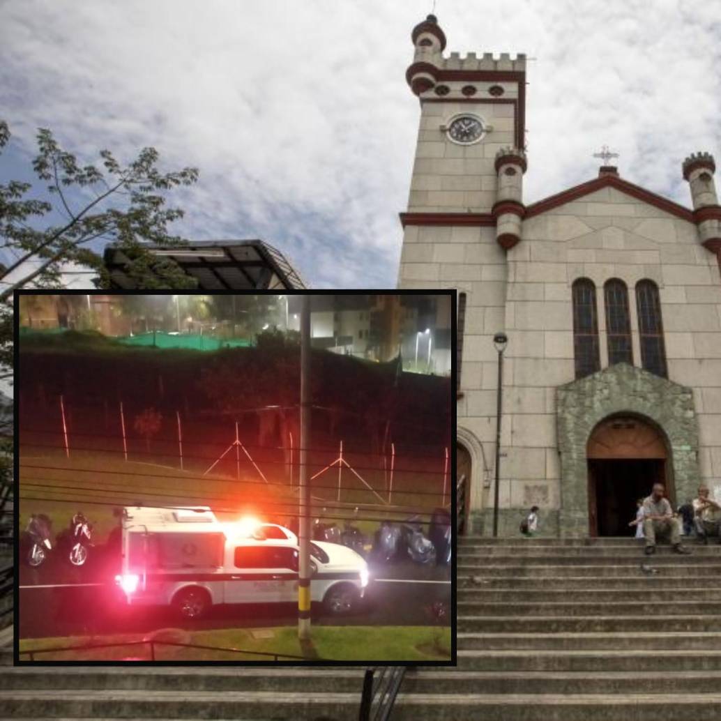 Adelante, un necromóvil de la Policía durante el levantamiento del cuerpo de la joven. Atrás, fachada de la iglesia de San Antonio de Prado. Foto: EL COLOMBIANO y Cortesía Denuncias Antioquia