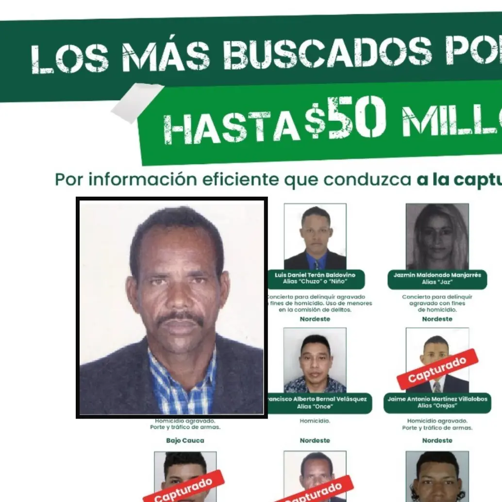 Adelante, el hombre detenido. Atrás, algunos de los más buscados en Antioquia. FOTO: Cortesía