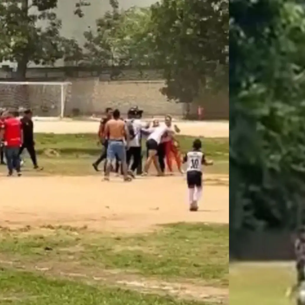 Mientras los niños menores de 10 años trataban de seguir el juego con normalidad, los padres de familia se estaban agrediendo en las gradas. Foto: Captura de video redes sociales