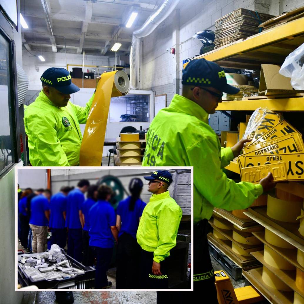 Adelante, los detenidos tras el operativo. Atrás, parte de las placas y del material para su fabricación incautado. FOTO: Cortesía
