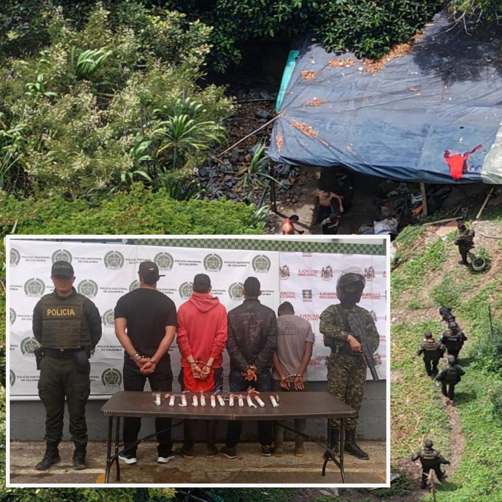 Adelante, los cuatro detenidos en el operativo. Atrás, el socavón en la vereda San Andrés. FOTO: Cortesía Policía Metropolitana.