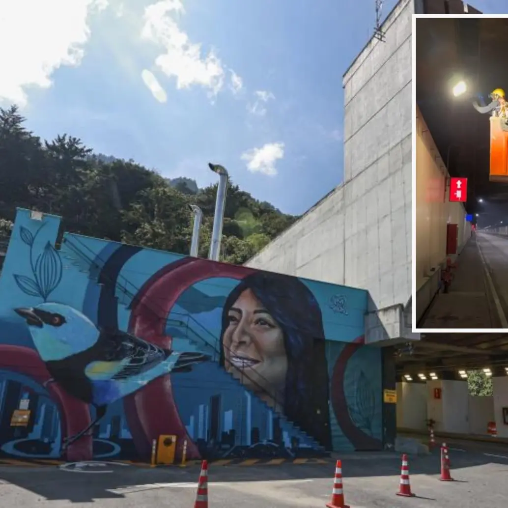 Adelante, obras de mantenimiento del túnel de Oriente. Atrás, uno de sus accesos. Foto: Manuel Saldarriaga Quintero.